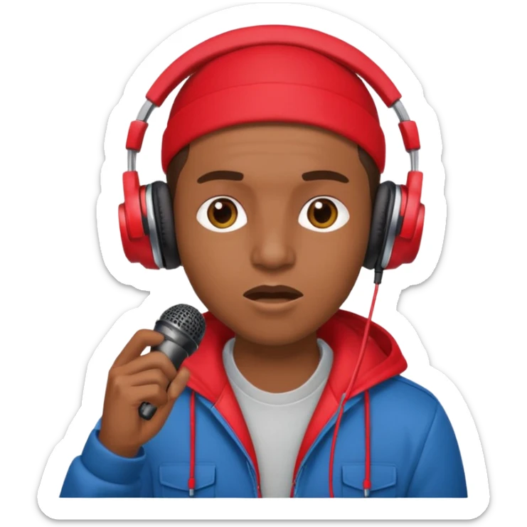 emoji de persona haciendo beatbox con un micrófono y unos audífonos rojos puestos sticker
