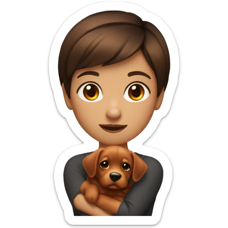 short hair brunette girl holding dark orange puppy sticker
