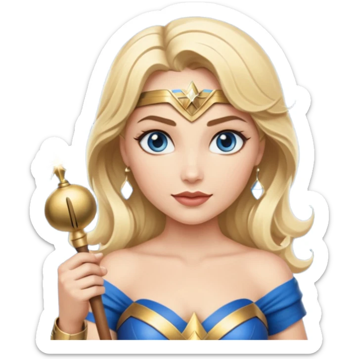 Blonde blue eyed Wonder Woman holding white orchestra conductor’s baton and bell  sticker