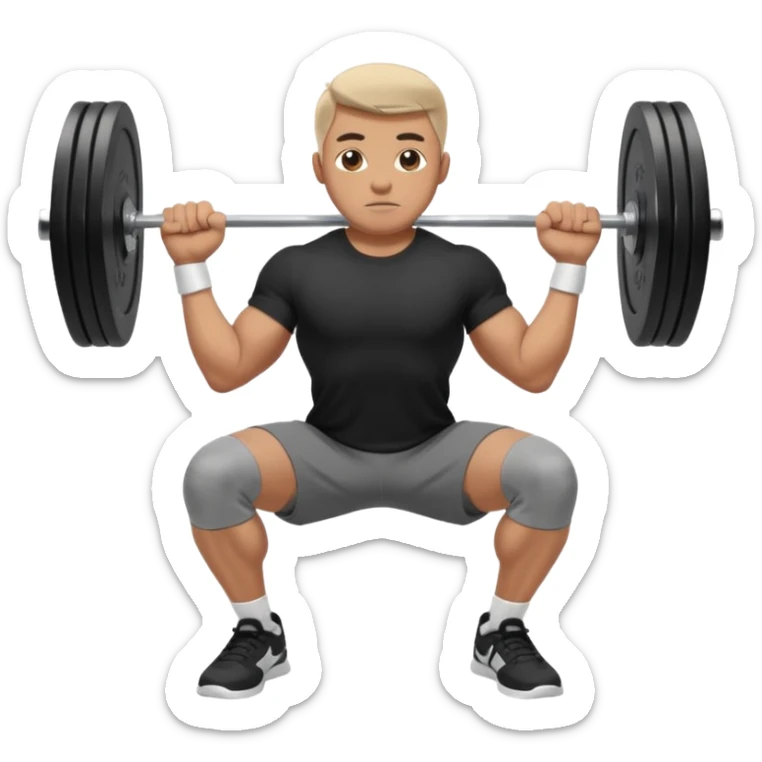 Hombre vestido con playera negra, pants gris y tenis blancos tipo jordan haciendo sentadilla libre con barra con un disco de 20 kilos por lado  sticker
