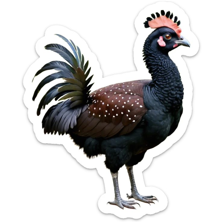 A full-body image of a large, dark-colored bird resembling a curassow or guam, standing on a white background. The bird's body is predominantly a rich reddish-brown or chestnut color, with a pattern of fine white speckling or barring sticker