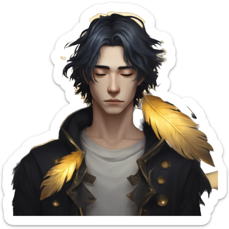 Hamlet young skinny sad man iridescent hair wearing raven feathers with a gilded hourglass and golden flames yin yang  sticker