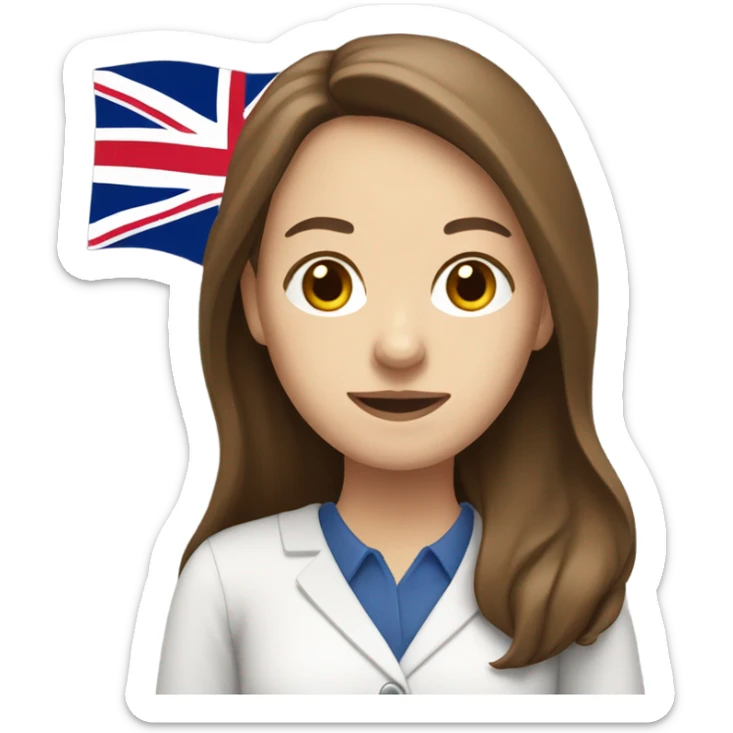 English teacher female with long brown hair and Britain flag sticker