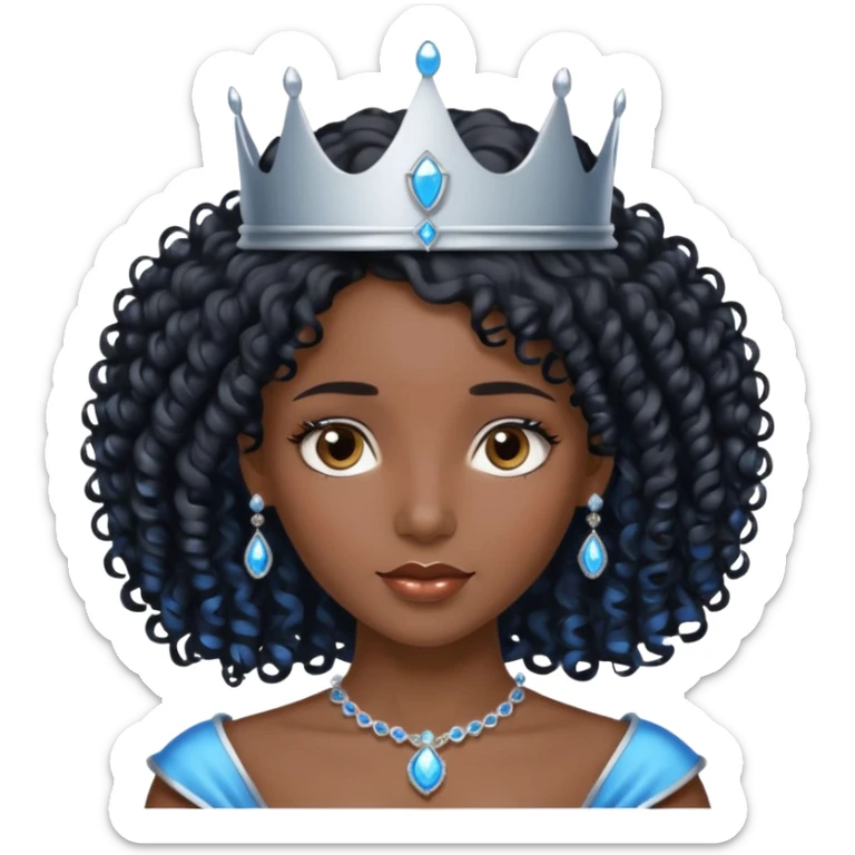Por favor hazme el emoji de la princesa pero morena con el pelo negro y rizado, los ojos marrones y la corona plateada con jollas azules sticker