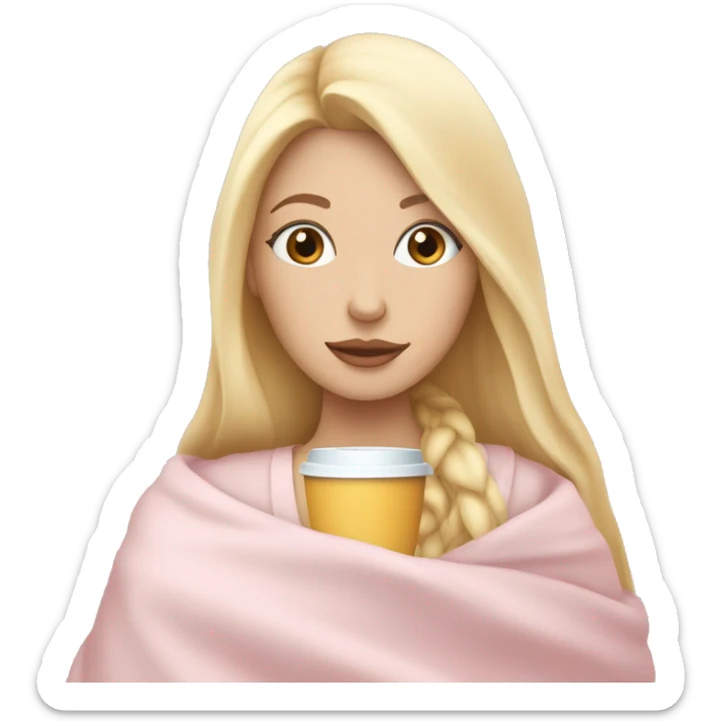 Blonde girl inside a light pink blancket sipping coffee eyes closed white skin blue eyes  sticker