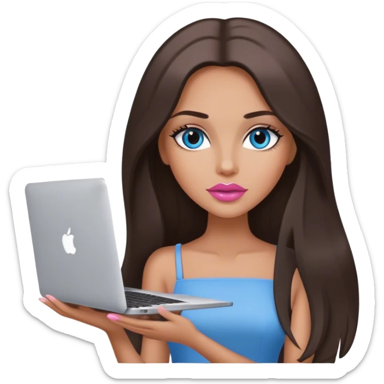 Glamours tanned very beautiful girl with pump pink-beige lips and dark chocolate straight smooth long hair, blue-grey eyes with MacBook sticker