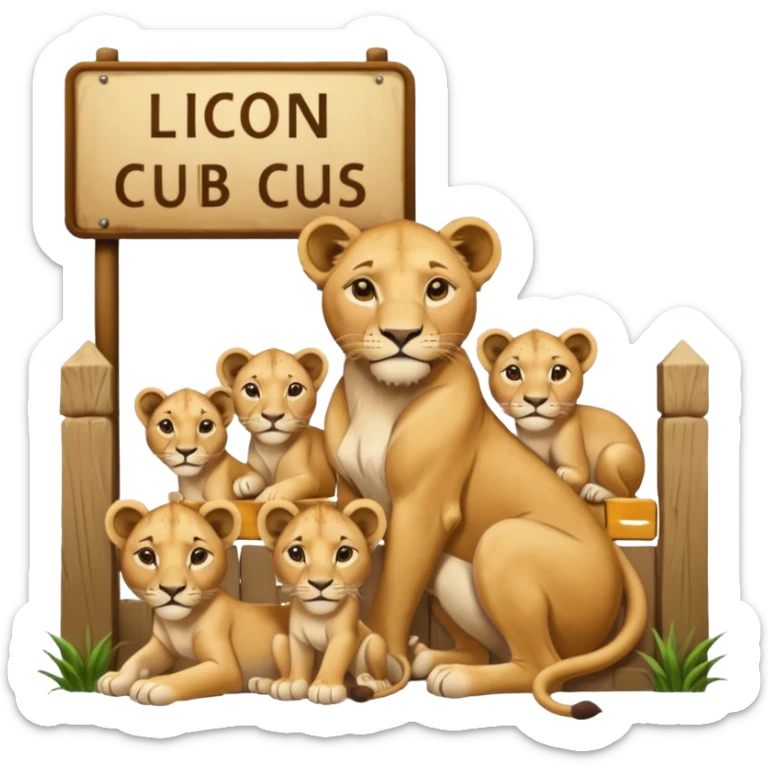 Un letrero del zoológico que dice “LION CUBS — BORN LAST WEEK” y delante una leona con sus cachorros recién nacidos, con la gente mirando emocionada desde la reja.






 sticker