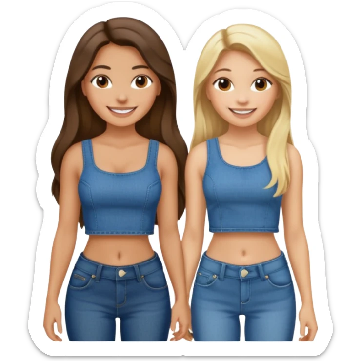 a long hair brunette girl and a blonde girl in jeans and crop tops smiling friends sticker
