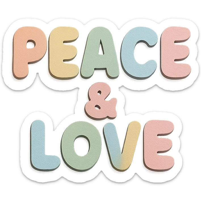"Peace & Love" soft pastel rainbow rounded bold letters, kawaii cute font, no border, transparent PNG sticker