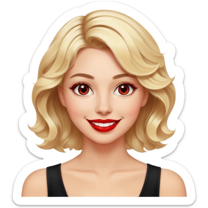 Create an emoji of a stylish blonde woman with short wavy hair and a bright smile. She is wearing a black fitted top with a deep neckline. Her lips are painted red, and her eyes shine with confidence. The emoji should capture her elegance and warmth. sticker