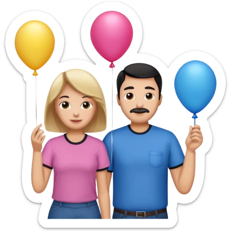 Mom in pink shirt dad in blue shirt holding 1 baloon black sticker