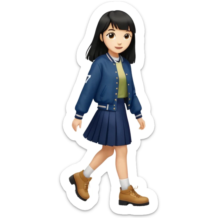 hair : black long hair with fringe (almost waist length) 
skin : light 
outer : deep brown varsity jacket (oversize) 
skirt : navy long long skirt (under knee, close to toe)  
motion : walking alone 


 sticker
