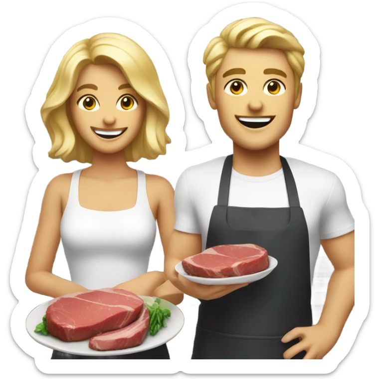 smiling duo with food indoors holding steaks blonde hair sticker