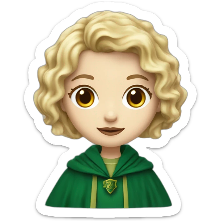 Blue eyes Slytherin girl with short wavy ash blonde hair eating chips and cheese hogwarts robe sticker