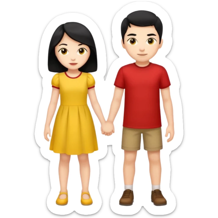 a boy with black hair and red shirt is between the legs of a girl with black hair and yellow dress sticker