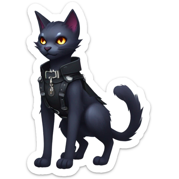 cool edgy fantasy dark-shadow-themed animal vampiric cat hybrid Fakemon  with a harness and collar full body sticker