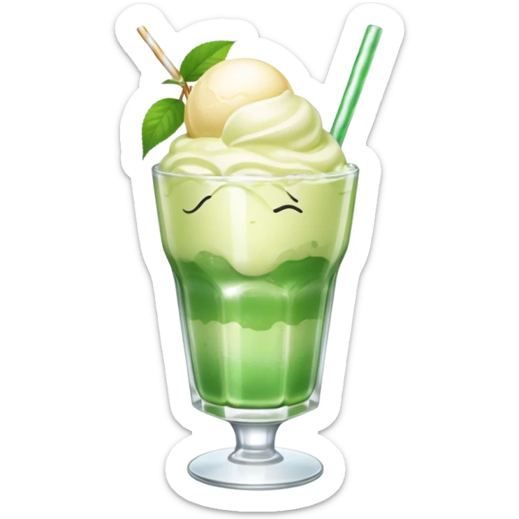 Japanese cream soda green on a glass with ice and vanilla 1 scoop on top sticker