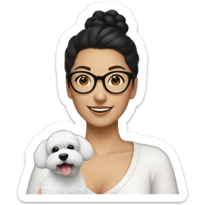 woman-black hair-bun-with glasses-with bichon dog-white-smile sticker