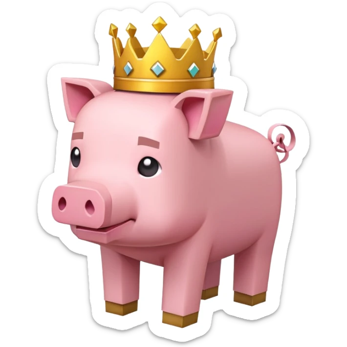 minecraft pig full body pink blocky animal square head square body wearing a crown sticker