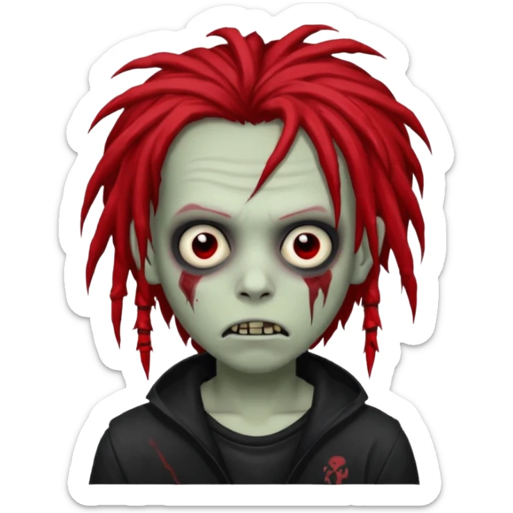 boy zombie with black and some red dreads hair emo scary, black eyes sticker