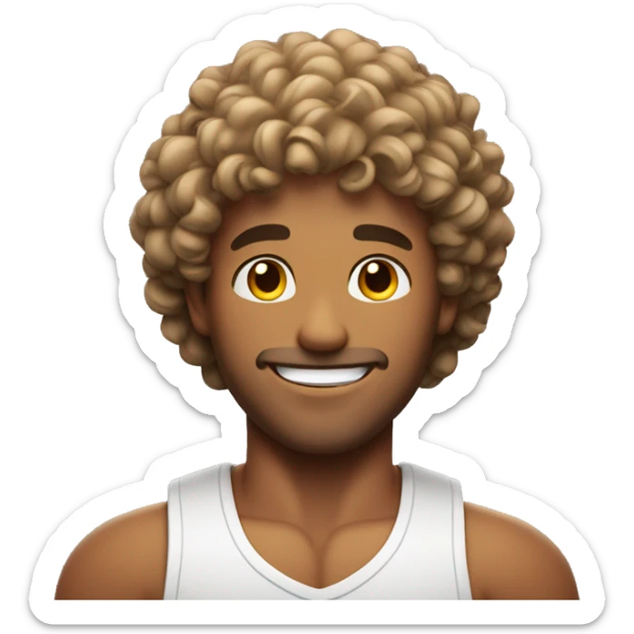 An emoji of a muscular man with curly hair, displaying a confident pose and a friendly smile sticker