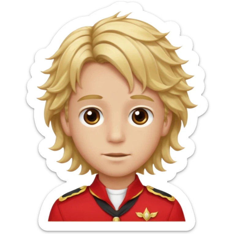 SARI SAÇLI SAÇININ YARISI SOLA DOĞRU DİĞERİNİN SAĞ TARAFTA AMA DÜZ DURAN KAHVERENGİ GÖZLÜ UZUN KİRPİKLİ BUĞDAY RENKLİ KIRMIZI ÜNİFORMALI BİR ERKEK ÇOCUK sticker