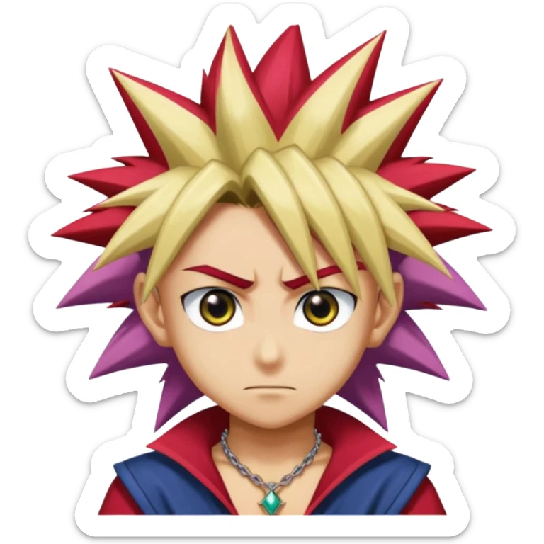 Yugi from Yu-Gi-Oh as an emoji, spiky tri-color hair, large expressive eyes, iconic Millennium Puzzle necklace, confident expression sticker