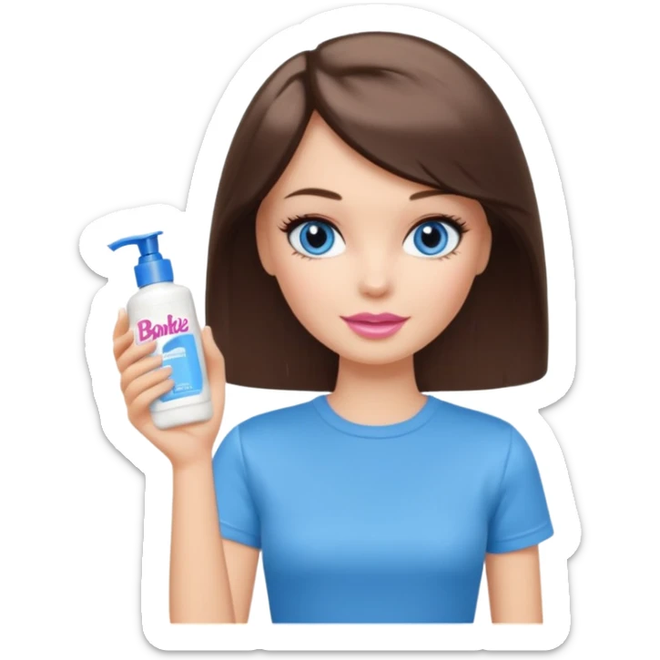Barbie girl with makeup, blue eyes , and bob long haircut, short brown hair in creamy color T-shirt, holding a facial Wash Cream in her hand sticker