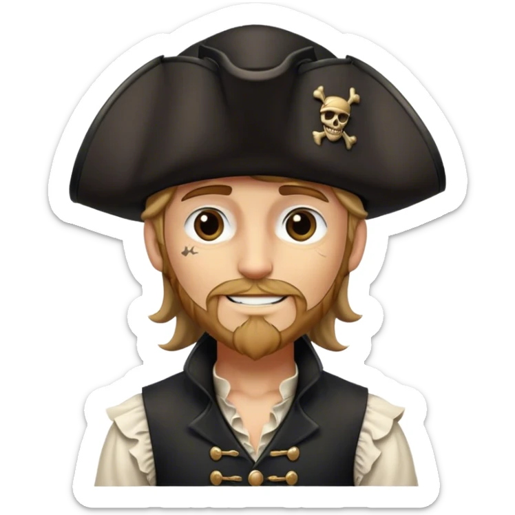A kindhearted pirate in a black ruffled shirt, black waistcoat, and an ornate black hat, his friendly gaze welcoming sticker