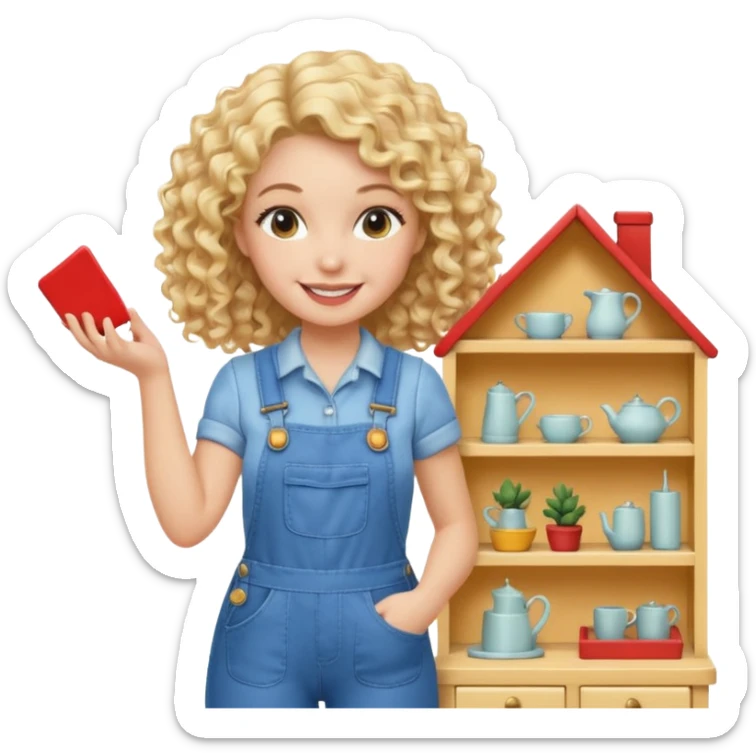 smiling blonde curly woman arranging furniture in doll house with overalls sticker