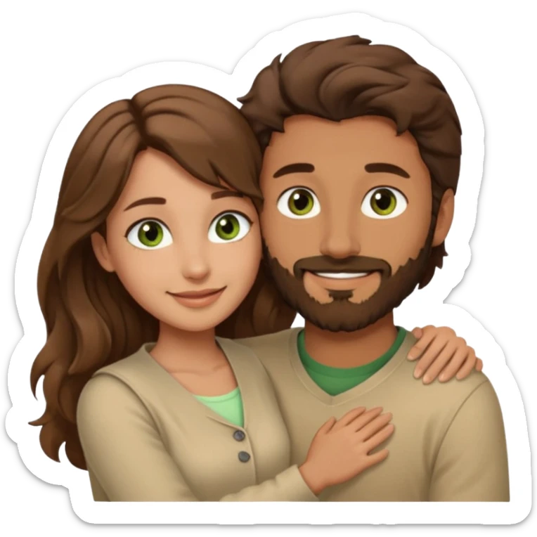 a man with short brown hair and brown beard with brown eyes and a girl with long brown wavy hair with green eyes, togheter. Beige clothes, hugged each other sticker