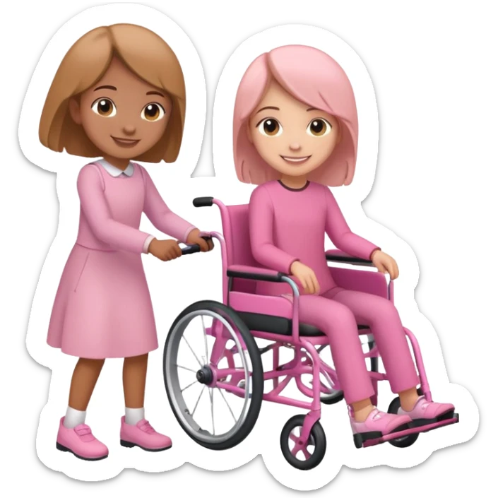 One light brown sister pushing her brown sister in a pink wheelchair sticker