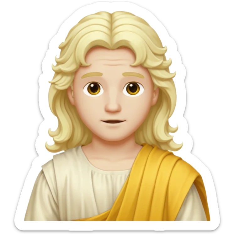 Apollo from Olympus Gods with long white blonde wavy hair, yellow toga sticker