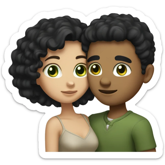 Couple hugging, he has green eyes short curly black hair she has brown eyes medium long straight black hair sticker