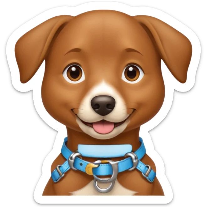 A friendly brown dog sitting upright with its tongue out and ears relaxed. The dog wears a tan harness and collar, giving a trained, service-dog look. Its expression is happy and attentive, with bright eyes and a slightly open mouth. sticker