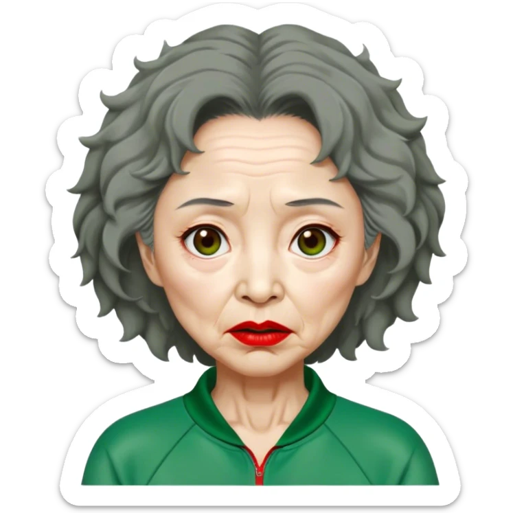 Han Mi-nyeo: Age Late 80s
Appearance: A crazy woman with many wrinkles face, frizzy, very messy dark brown hair and dramatic red lipstick.
Outfit: Green player tracksuit sticker