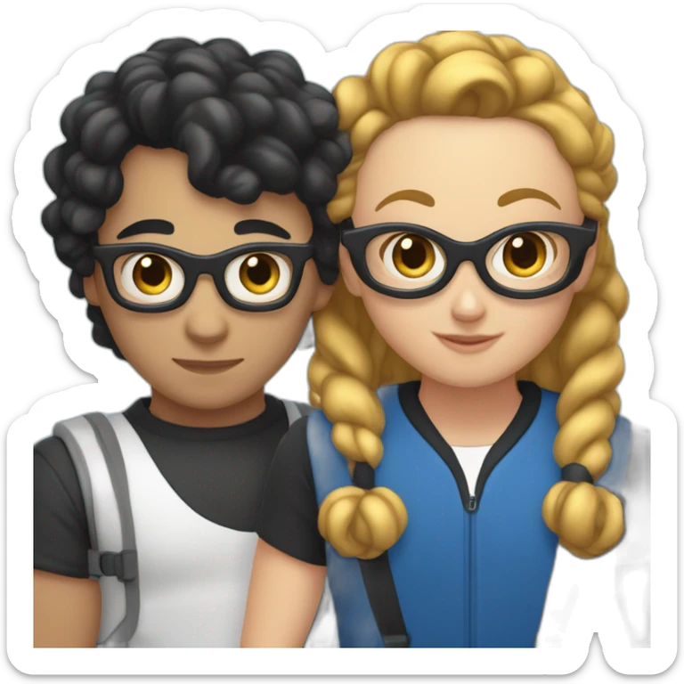  a white Boy with black hair and curlers, and with glasses on, and a white girl with long brown hair wearing a blue diver hugging each other sticker