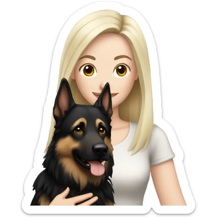 pale skin woman with long black hair standing by a german shepherd  sticker