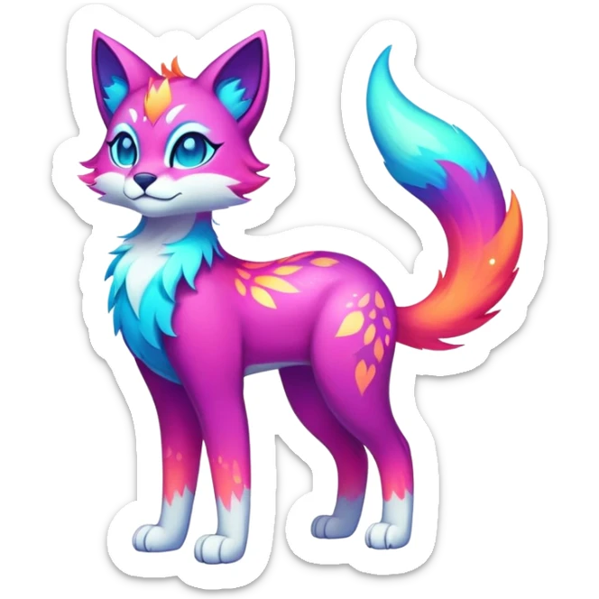 Vibrant multicolored neon-colored Falvie-Fionbri-creature-sparkle-feline-fursona, full body sticker