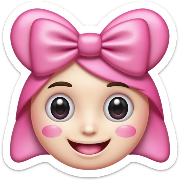 surreal and kawaii emoji face with huge sparkling cartoon eyes, a wide realistic human smile with perfect teeth, pink cheeks, and a big pink bow on its head. The background is transparent. Above the head, the text "kawowiwo-wiwi" is written in a playful, handwritten font sticker