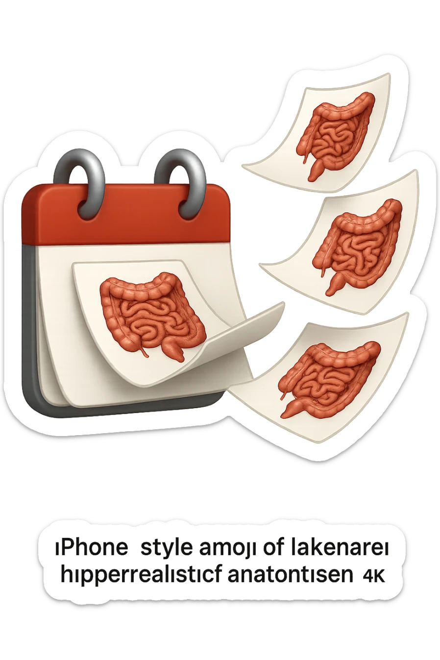 emoji stile iphone di un calendario con fogli che volano insieme, sui fogli ci sono disegnati degli intestini anatomici, iperrealistico 4k, isolato su sfondo bianco sticker