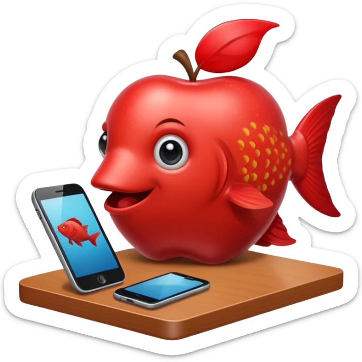 emoji stile apple di un pesce su un banco scolastico che gioca con il telefono perché si sta annoiando  sticker
