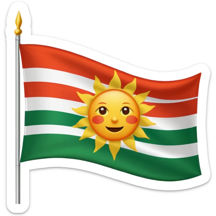 Flag with with 1 red, 1 white and 1 green (in that order) horizontal and an orange/yellow pointed sun in the middle sticker