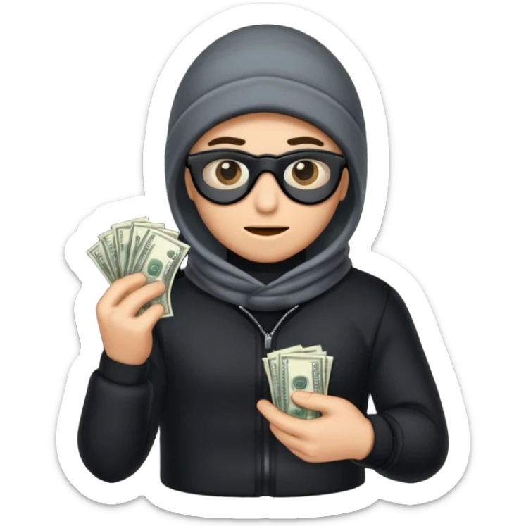 Robber with money na mão direita com uma blusa de frio preta e moreno sticker