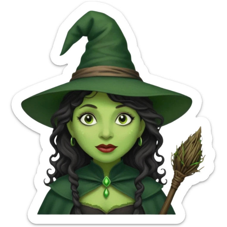 elphaba the wicked witch from wicked movie (cynthia erivo) dark long curly hair, thick lips, green skins, witch hat, witch broom, evil, wicked musical film  sticker