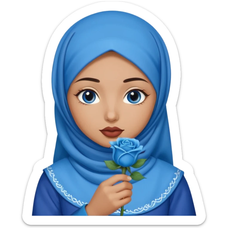 Turkish beautiful finish Konya girl blue eyes with blue hijab islamic dress and had on her hand blue rose design lipstick and hold it sticker