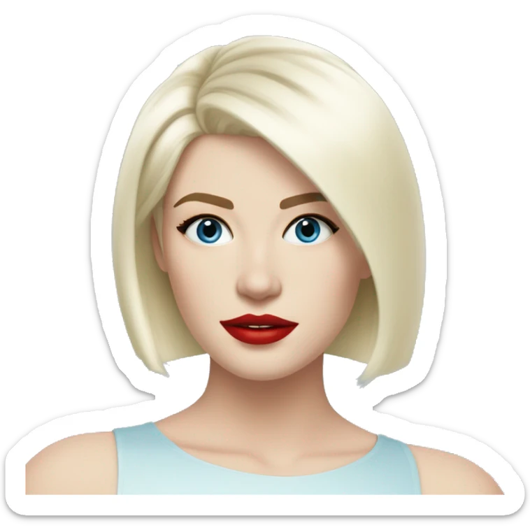 platinum blonde young woman, coral red lips, blue yes, pale skin, straight hair, shoulder length bob haircut sticker