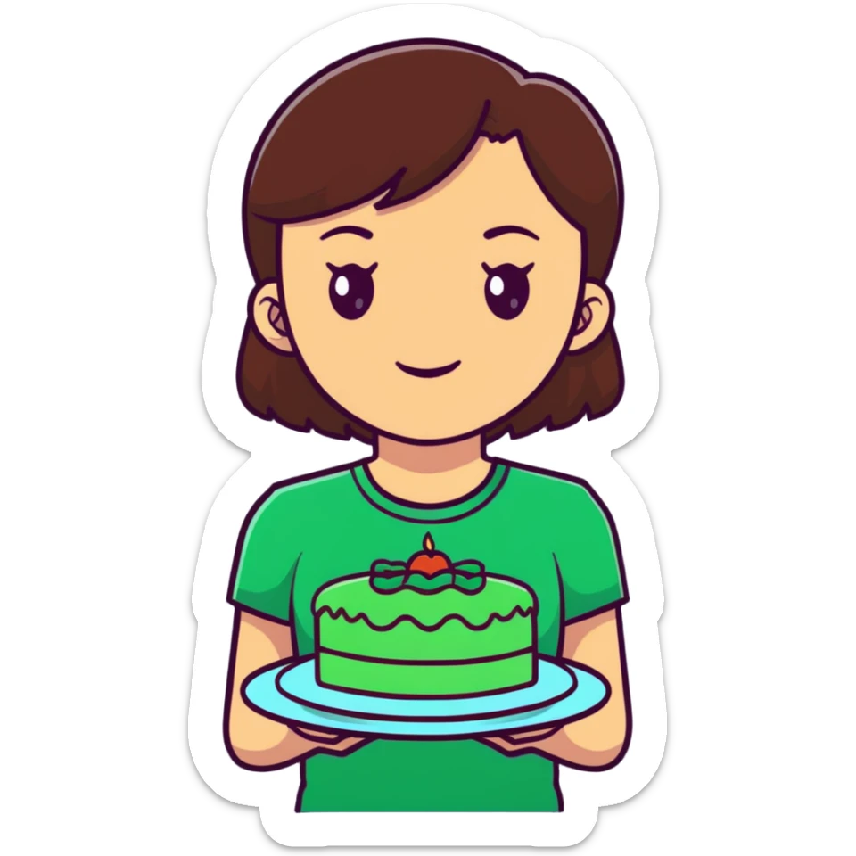 Young women with dark-brown hair and brown eyes in green t-shirt holding green cake on the plate sticker