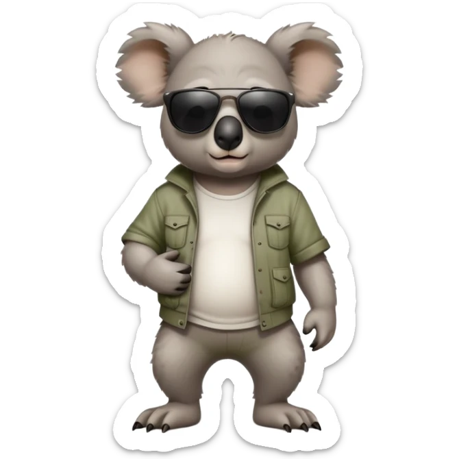 anthropomorphised koala in casual clothing, wearing dark sunglasses, walking upright, looking like a tough guy sticker