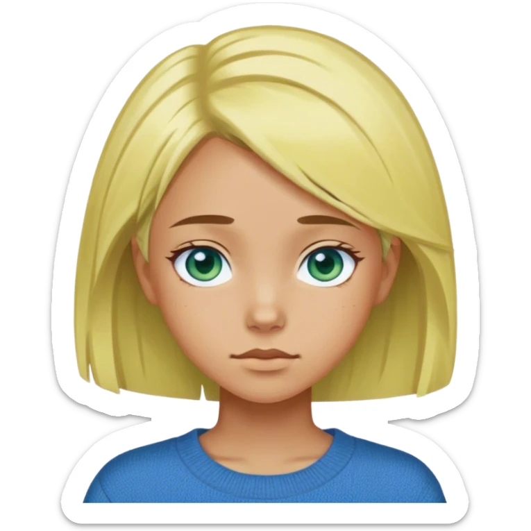 A girl with bland yellowish hair that is about 16 and has blue eyes has tan skin and is wherein a sweater that is blue and shorts that are green. Her hair reches down on herneck and an inch. she is tall  sticker